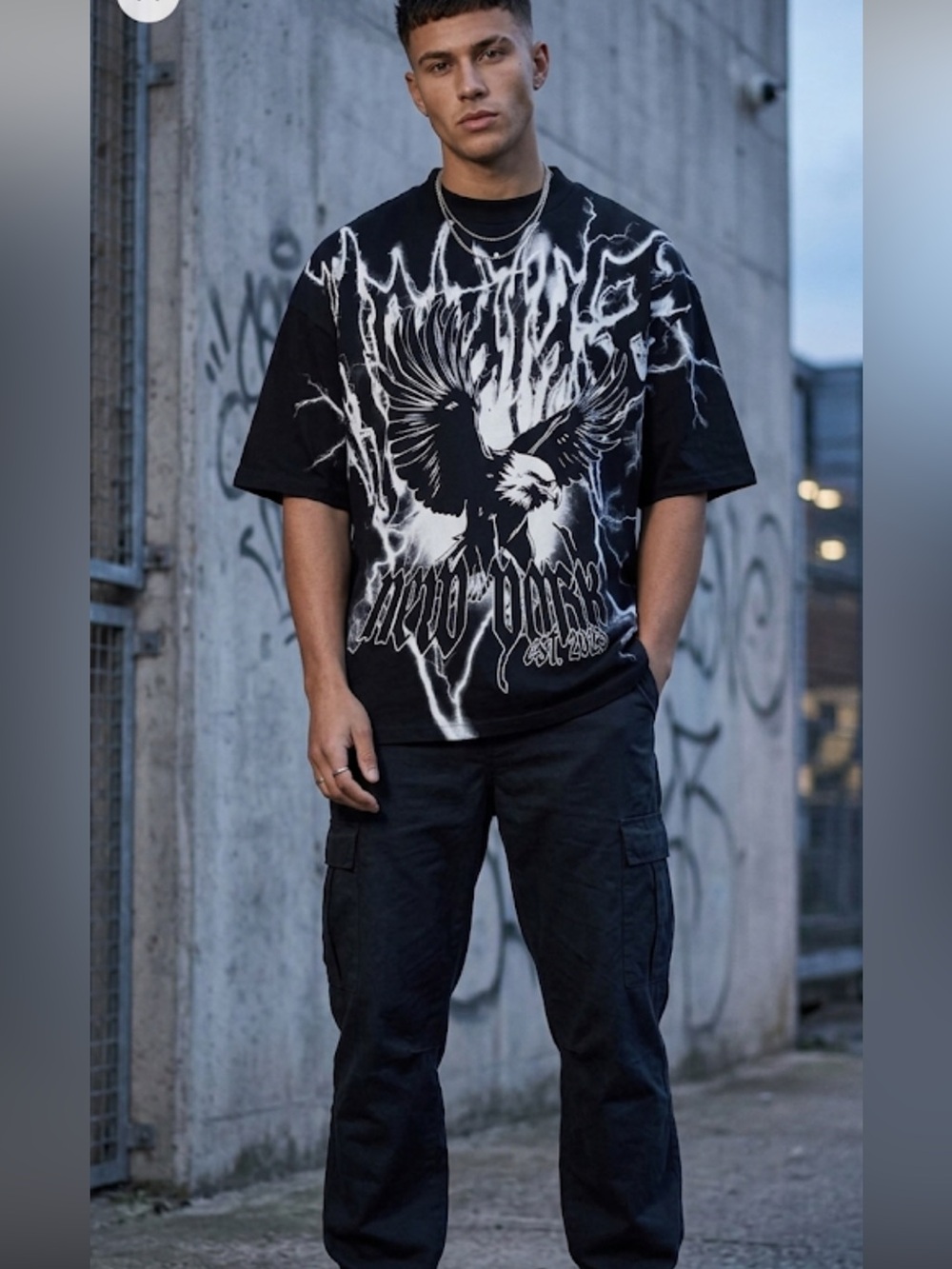 BoohooMAN Black Lightning Eagle New York Graphic Tee - Size L